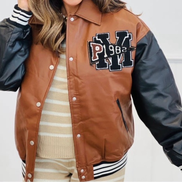 Galita Jackets & Blazers - Faux-Leather Varsity Jacket in Brown and Black with Patch Detail